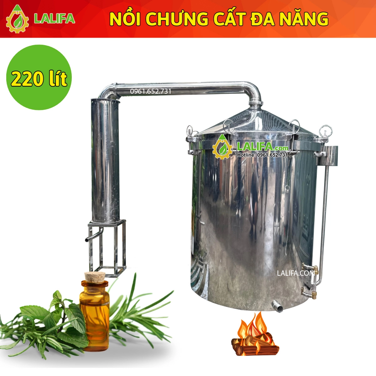 Nồi chưng cất tinh dầu dung tích 220 lít dùng Gas hoặc than củi